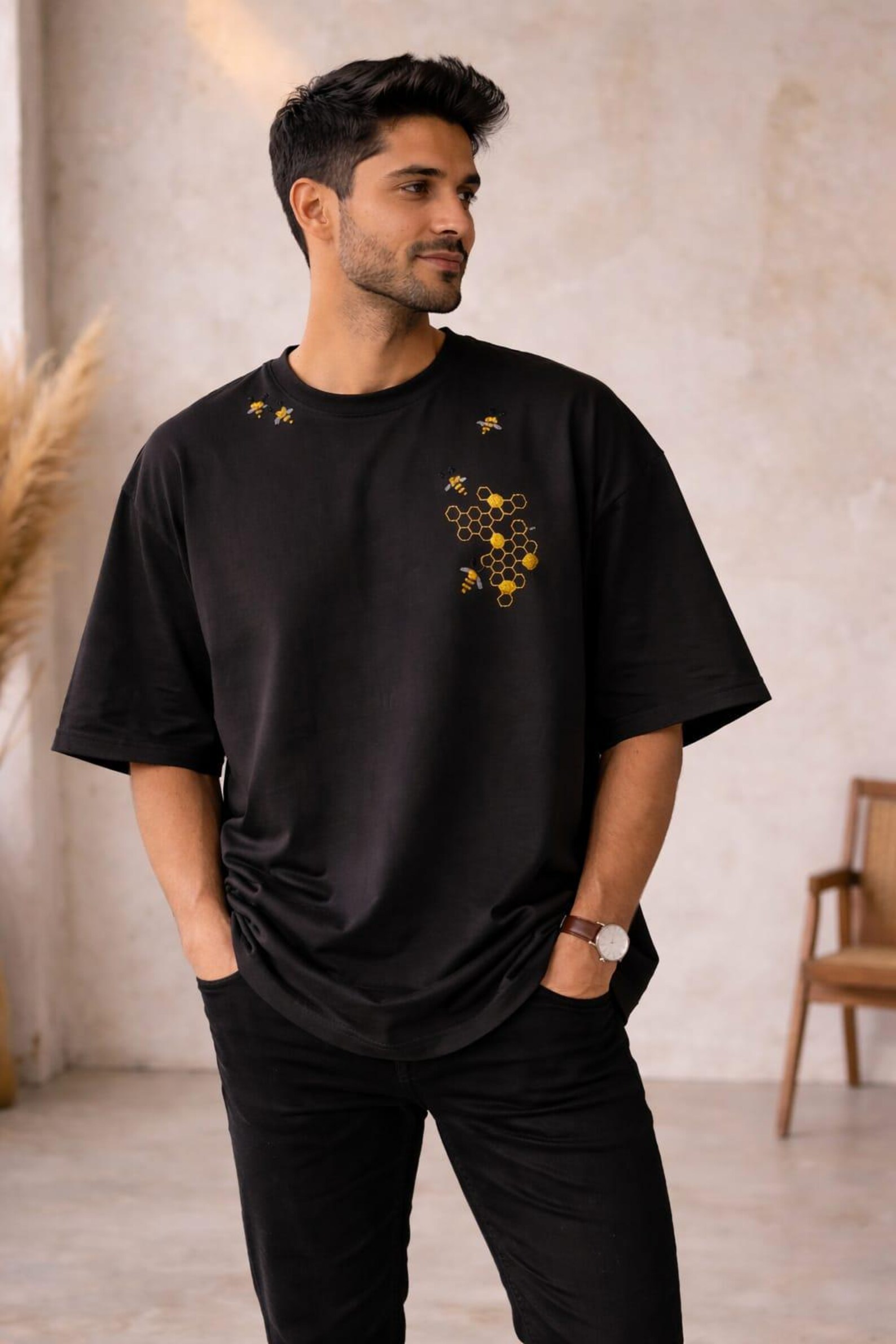 Hand Embroidered Bee Oversized T-Shirt | Honeycomb Art Streetwear | Minimal Nature Tee | Unisex Drop Shoulder | Handmade Wearable Art
